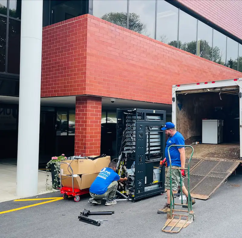 Junk Doctors NJ team members disassembling a large IT server rack for commercial electronics recycling and e-waste disposal at a North NJ office complex.