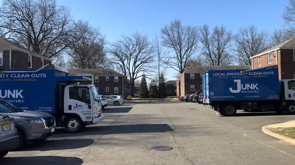 JunkDoctors fleet of trucks ready for a commercial eviction cleanout in New Jersey.