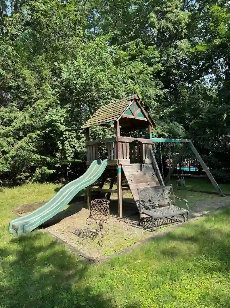 Old wooden playset and swing set in a backyard before professional removal and yard cleanup service.