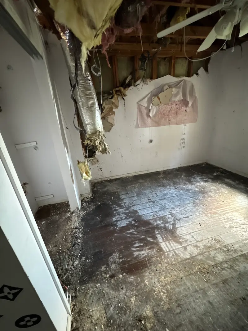 After shot of the same room with all water-logged debris, wet insulation, and trash removed, leaving the space ready for restoration.