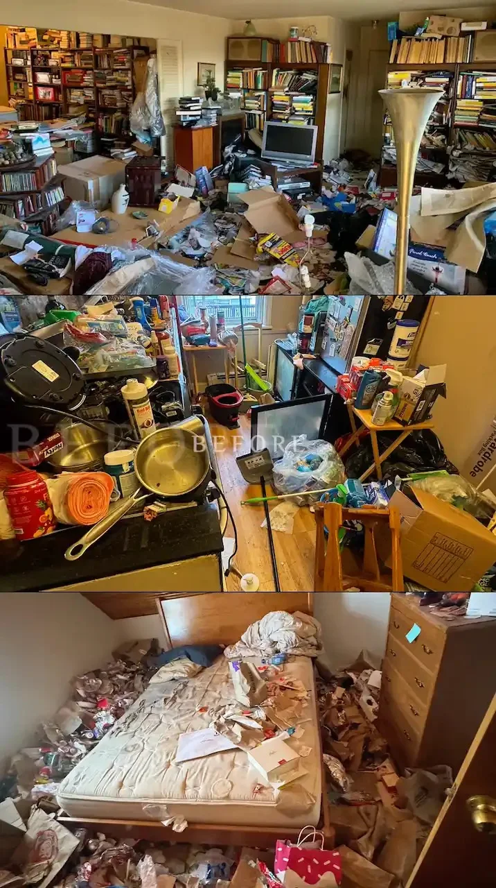 Cluttered room before a full-house hoarding cleanout by JunkDoctors in New Jersey