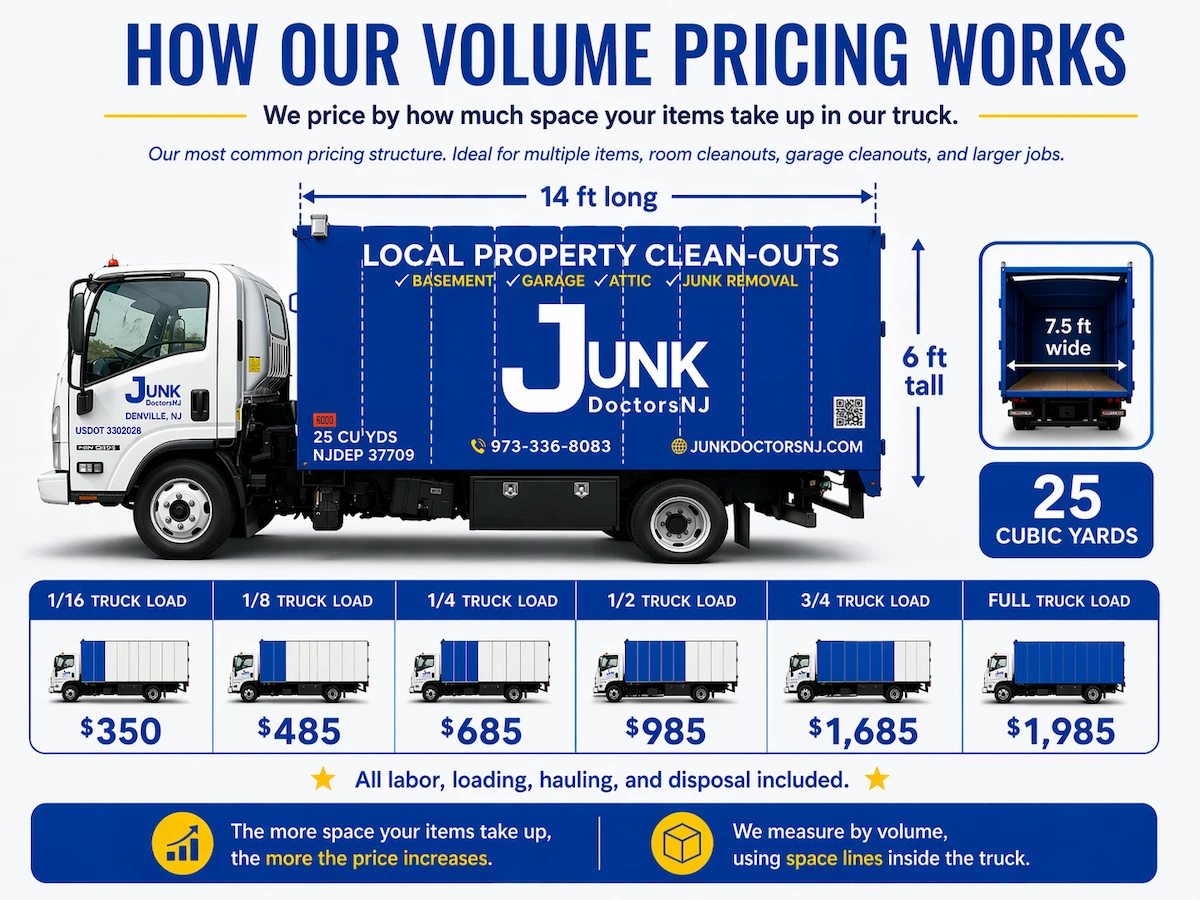 Junk removal pricing chart for New Jersey. Junk Doctors offers transparent volume pricing based on our 25 cubic yard trucks, with rates from 1/16 load to a full truck. All labor and disposal fees included.